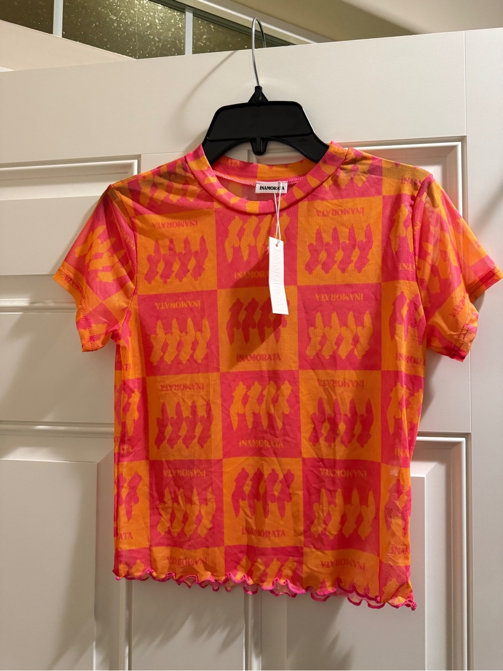 Inamorata Bambi Mesh Tee Pink Orange Checkered Top Size Medium